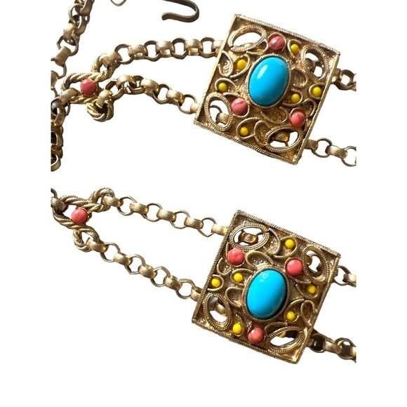 Vintage Egyptian Revival Gold Tone Chain Belt Turquoise Yellow Coral Cabochons main image 6